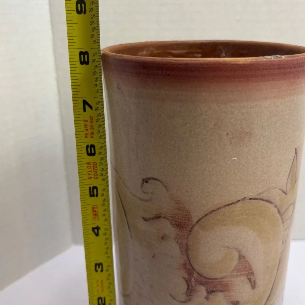 Pottery Barn Italy Ceramic Cylinder Vase Hand Painted‎ Scroll Terracotta 8.25